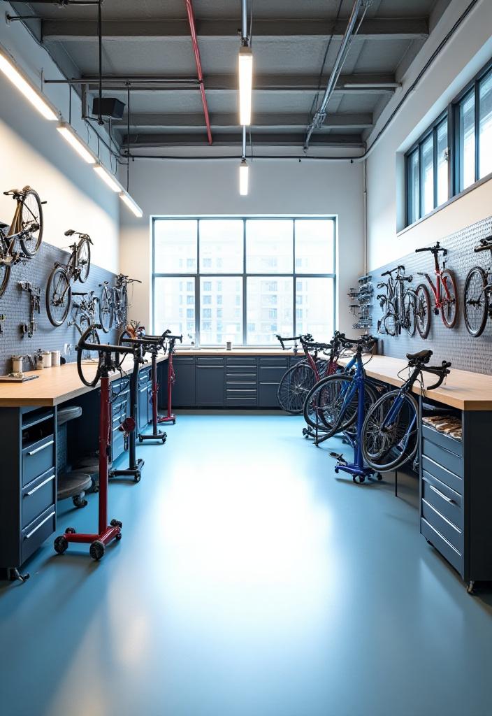 The interior of Winged Spokes Academy on 57th Avenue with bike stands and tools