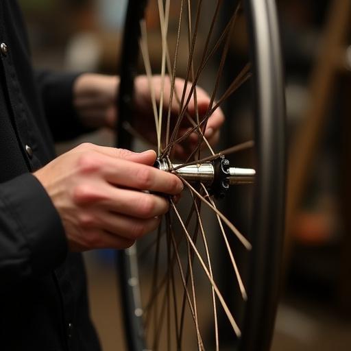 Mechanic Kir Housman truing a wheel