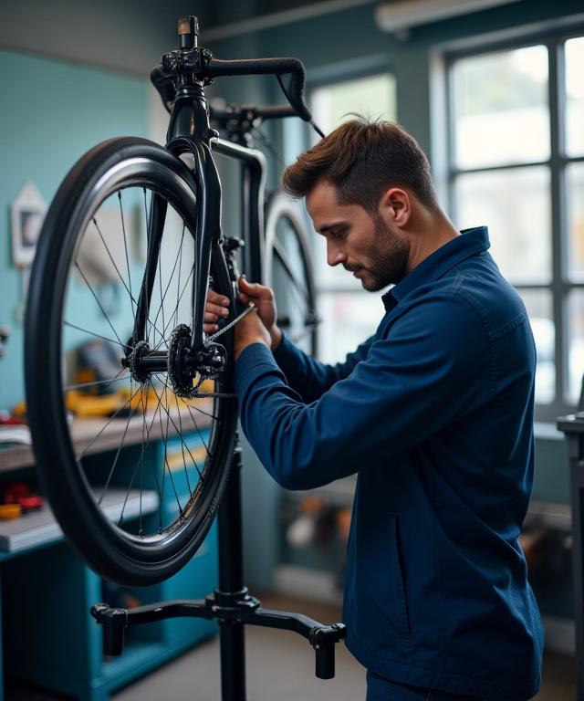 Professional bicycle mechanic truing a wheel in a clean workshop