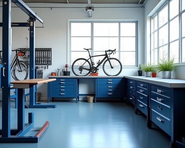 Professional bike mechanic workspace with organized tools