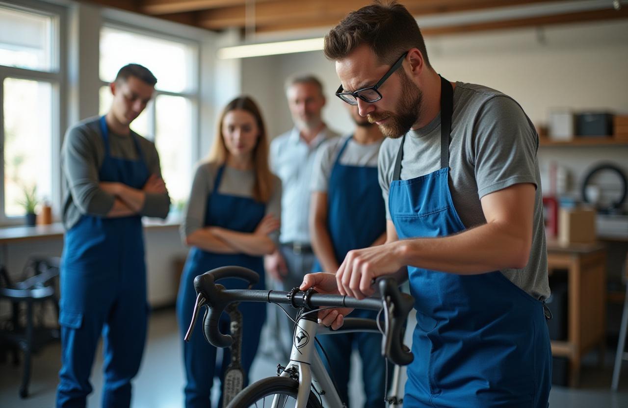 Mechanic teaching students in a bright workshop