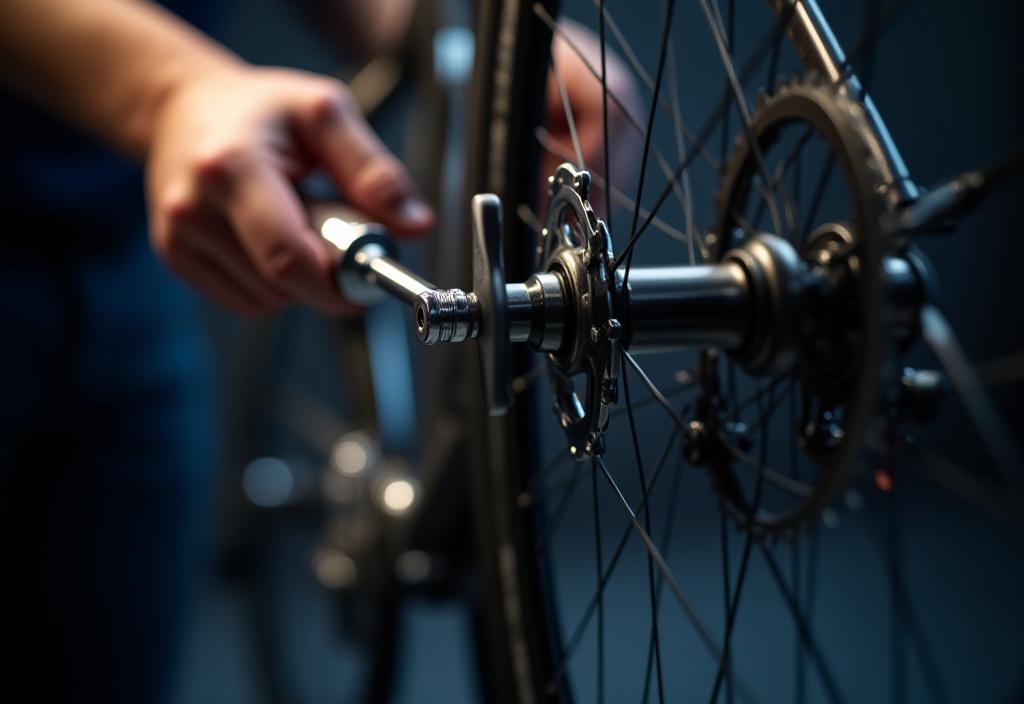 Close up of a professional mechanic working on a carbon bicycle frame
